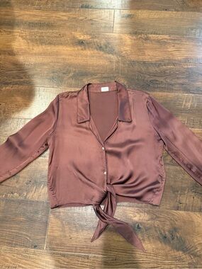 Aritzia Satin Tie-Front Blouse in Rust Brown